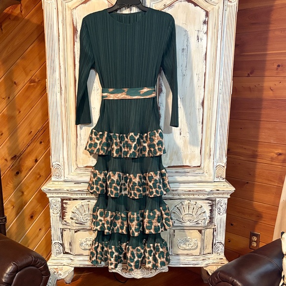 no tag Dresses & Skirts - Oh So modest- One Size- awesome Chic Green and Leopard Print Tiered Dress- WOW!!